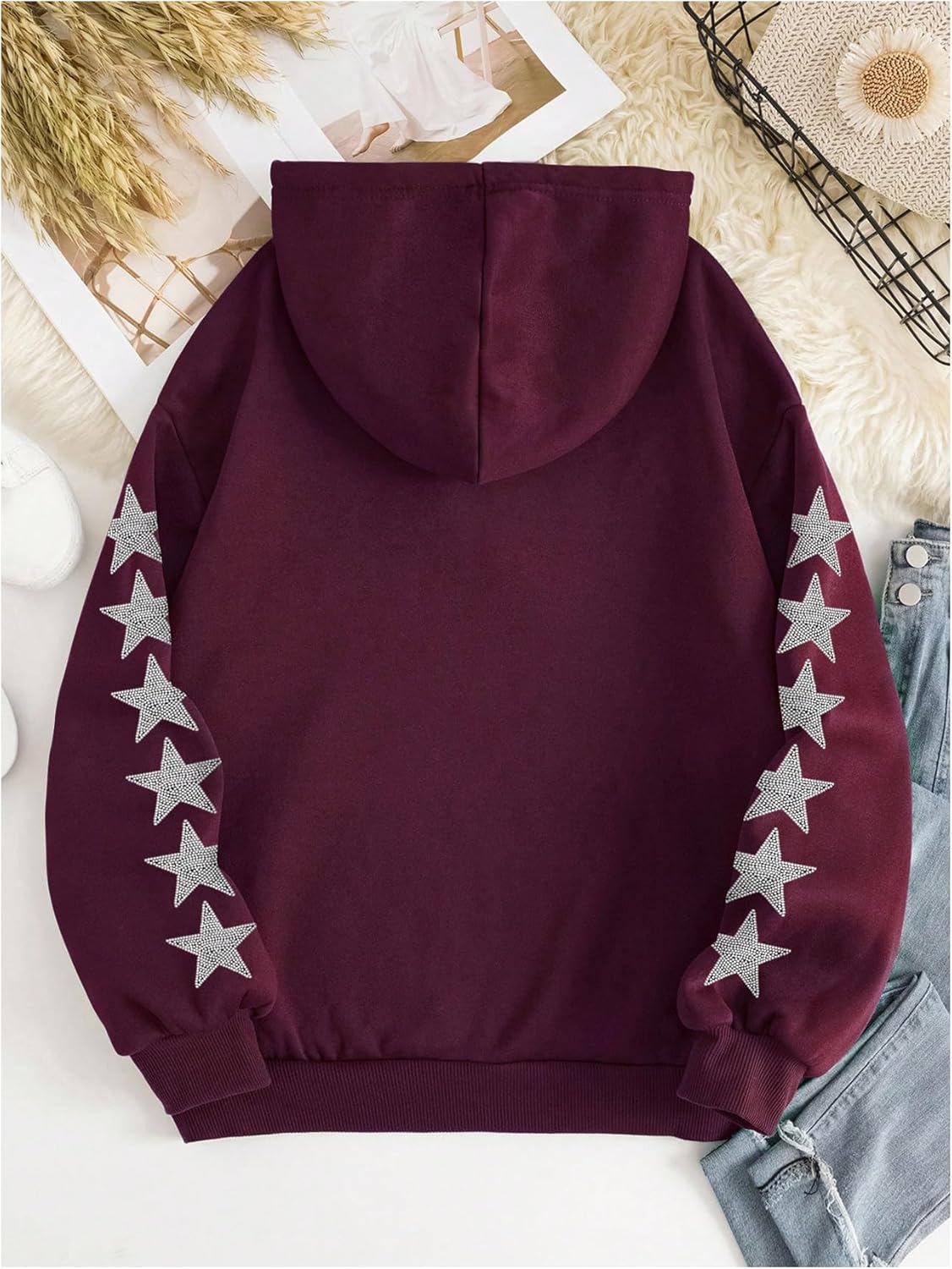 SOLY HUX Women's Plus Size Zip Up Hoodie Y2k Rhinestone Star Drawstring Long Sleeve Hooded Sweatshirt Jacket Streetwear - Image 3