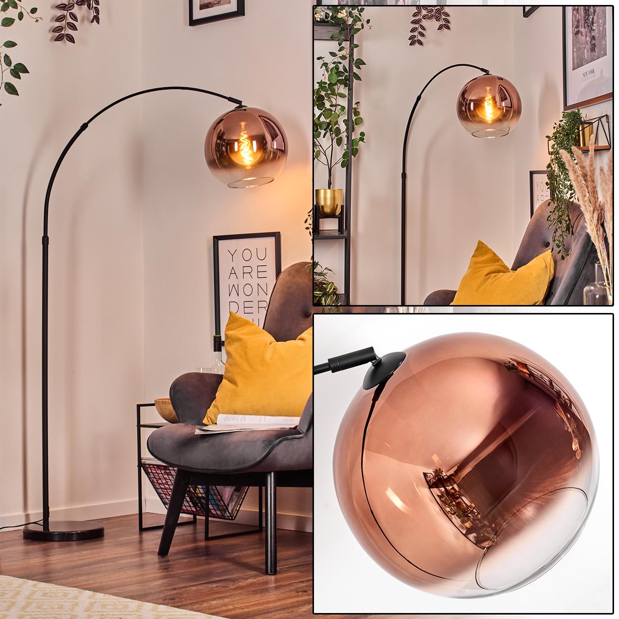 Lámpara de pie HOFSTEIN Koyoto, de metal/cristal en negro/cobre/claro con base de mármol, lámpara ajustable de diseño retro (pantalla de Ø 30 cm), interruptor de pie, E27, salón, dormitorio, pasillo