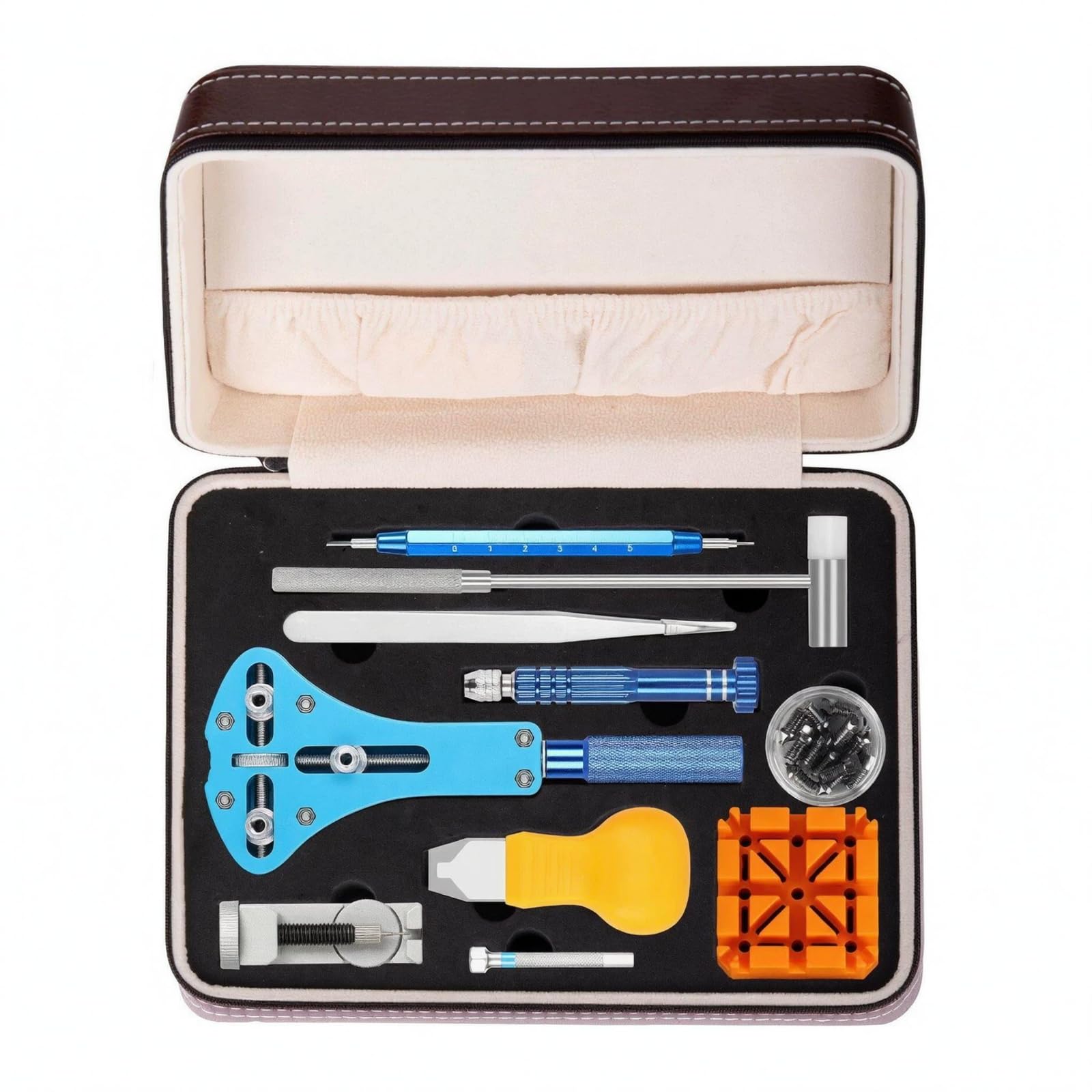 Perfeclan Kit de Reparación de Relojes Herramientas Set Juego Estuche con Herramienta de Soporte y Alicates de Precisión Material Metal y Cuero Adecuado para Cambios de Correa Banco de Trabajo Hogar