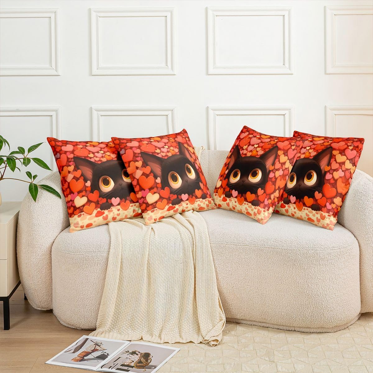 Homewish Cute Black Cat Throw Pillow Covers (Pack of 1),Red Love Heart Print Cushion Cover for Girls Boys Woman Cartoon Pet Animals Pillow Cases Lovely Kitten Living Room Sofa Bed Decor,16" Lx16 W image 5