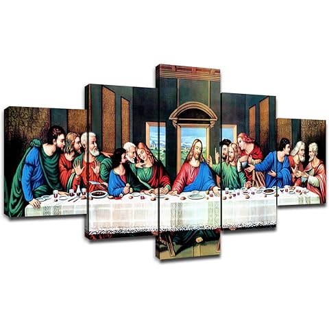 Canvas Print Wall Art The Last Supper Framed Picture for Bedroom Christ Jesus 5 Piece Painting Religious Artwork Christian Wall Decor for Living Room Easter Gift Ready to Hang(60''Wx32''H)