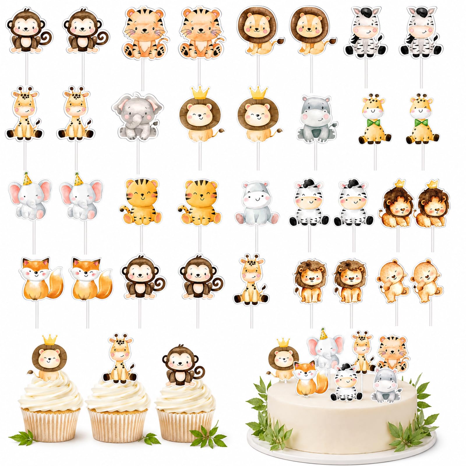 ALLAVA 34 Pcs Safari Cake Toppers, Jungle Animal Cupcake Toppers Cute Zoo