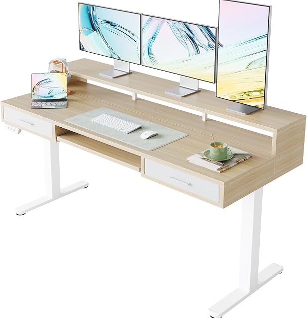 HUANUO 55″ x 26″ Electric Standing Desk with 24.4″ Large Keyboard Tray &2 Drawers, C-Clamp Mount Compatible, Adjustable Computer Desk for Office, Sit Stand Up Desk with 4 Height Presets, Light Walnut