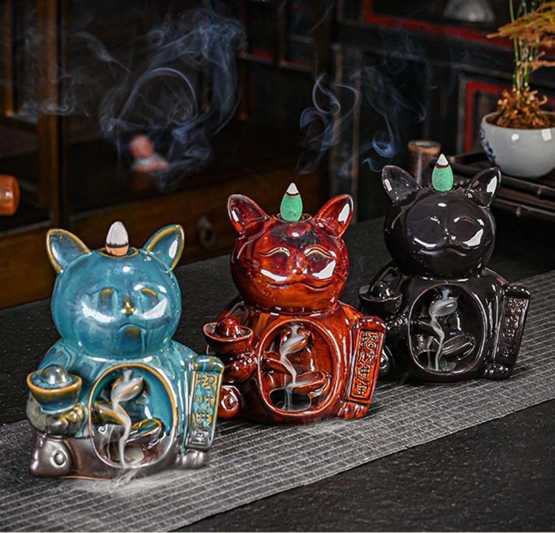 Creative Wealth Cat Backflow Incense Burner,Ceramic Ornaments Smoke Incense Holder for Office Desktop Decoration Crafts (Blue)