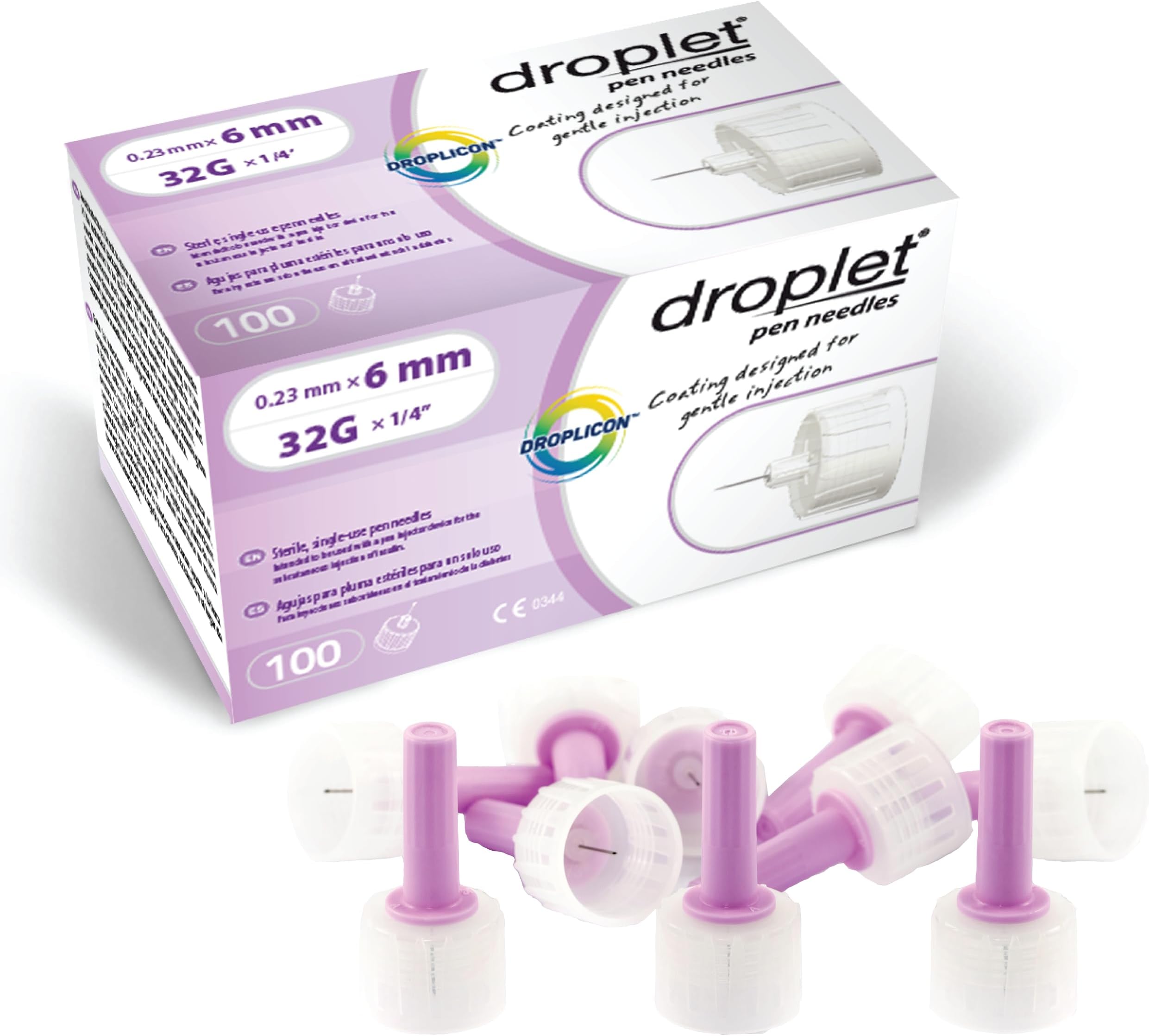 Droplet Pen Needles, 32G 6mm, Diabetic Needles for Insulin Injections, 100ct Box, Compatible with Most Pen Injectors