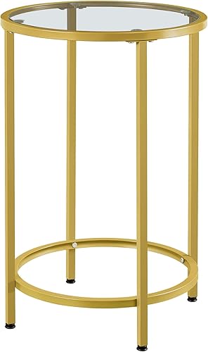 Yaheetech Mesa auxiliar de cristal, mesa auxiliar redonda, mesa de centro pequeña con parte superior de cristal y marco de metal para sala de estar,