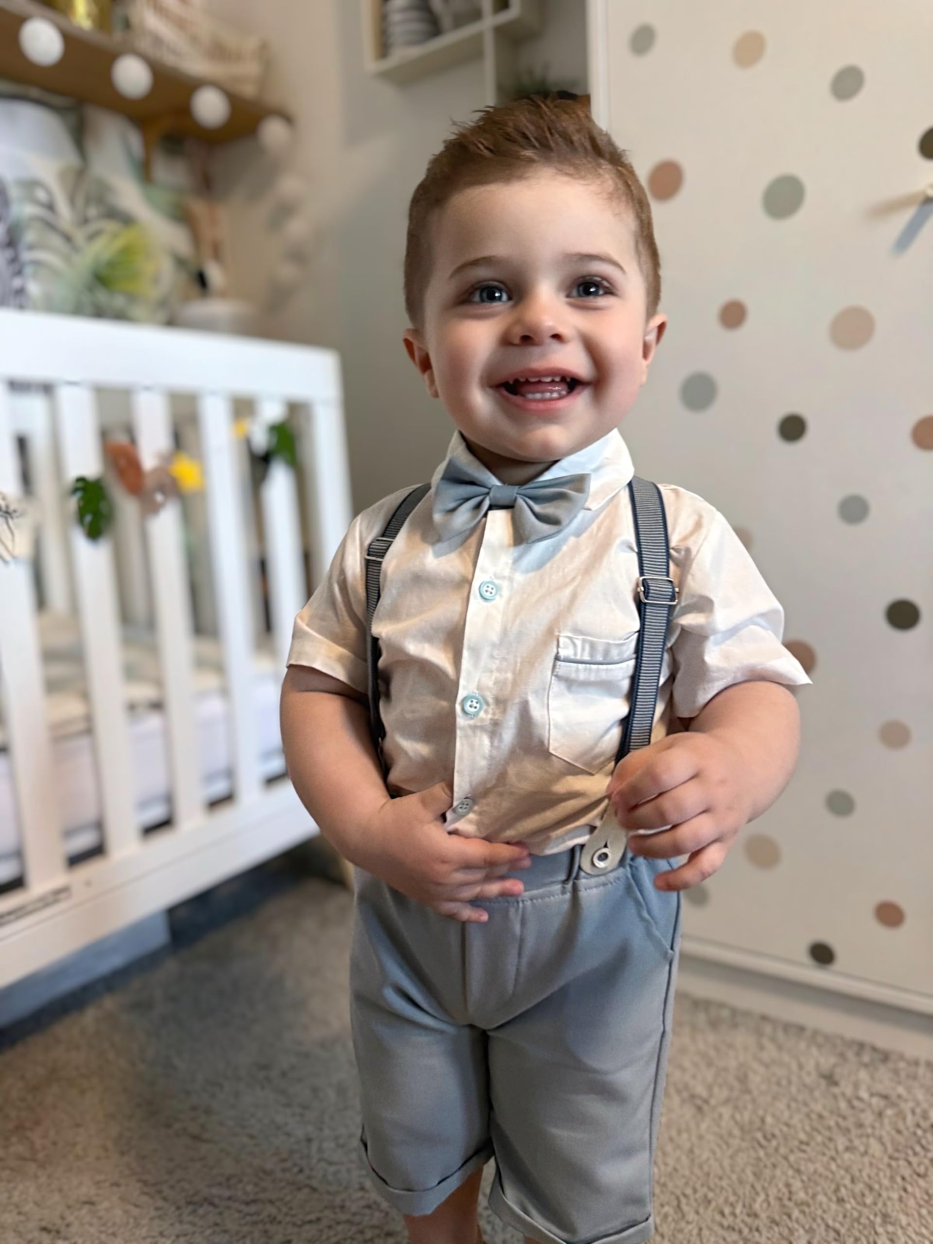 Volunboy Bebé Niño Caballero Conjunto, Camisa de Manga Corta con Pajarita + Corta Pantalón Verano 4 Piezas Traje Ropa