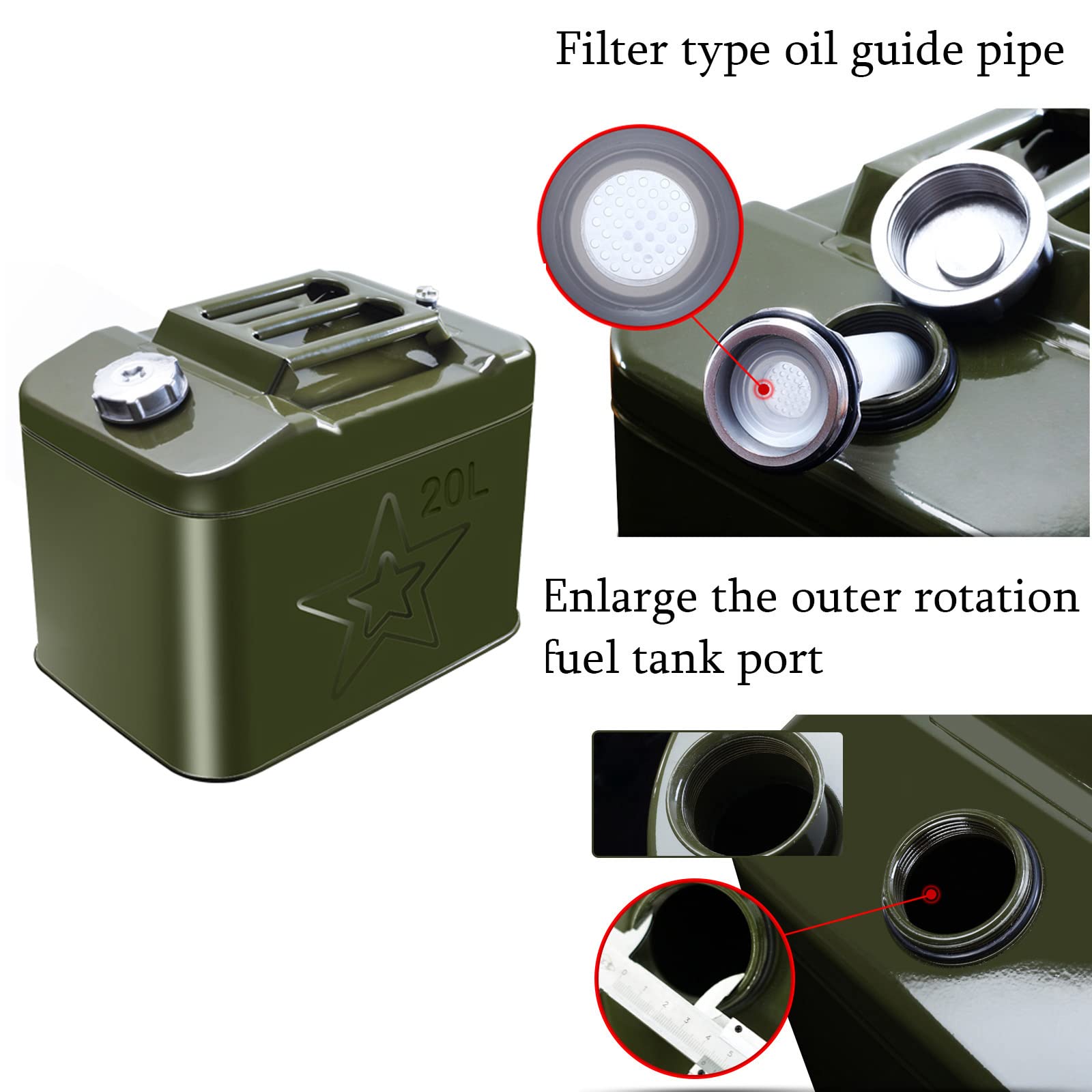 Bidón de Gasolina metálico,garrafa Gasolina Recipientes con asa para Coche,depósito de Combustible de Repuesto Vertical Grueso móvil de anticorrosión,Verde Oliva,10L,20L-60L