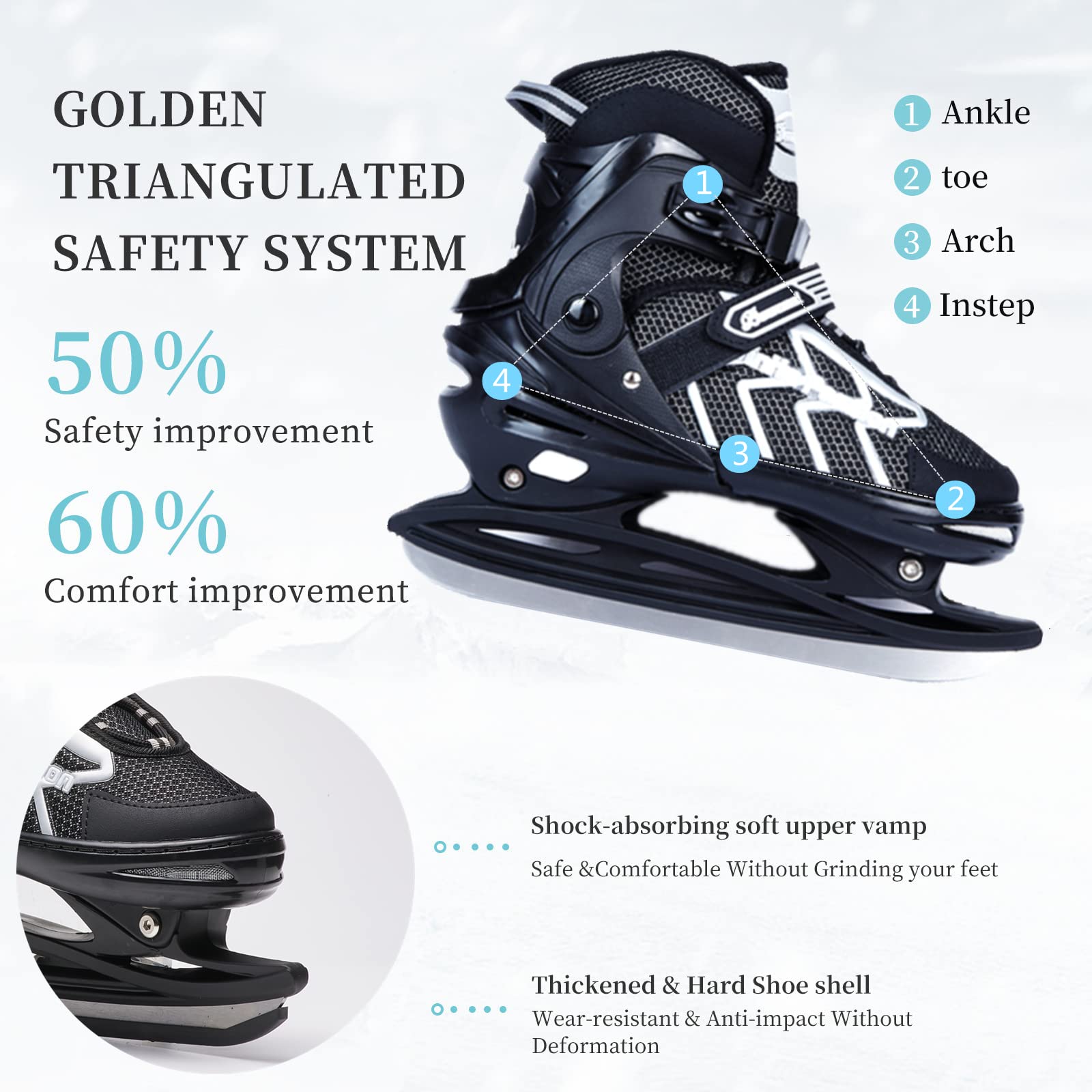 JGMLZK Ice Skates,Boys Hockey Skates,Skates with Adjustable 4 Sizes for Boys Girls Youth Men Women and Beginners (Black Silver - Image 2