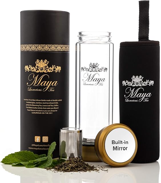 Tea Infuser Bottle by Maya Luxurious - Leakproof Double Wall Glass Travel Tea Mug with Stainless Steel Filter - BPA Free Tea Tumbler + Strainer for Loose Leaf Tea - Coffee Thermos - Fruit Water 14oz