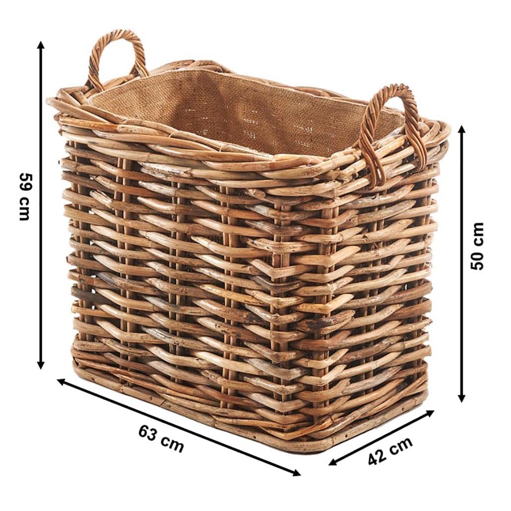 Kobolo Holzkorb aus Rattan mit Jutestoff 63x42x59 cm Braun