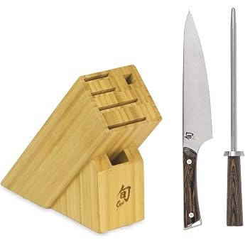 Shun Kanso Block 3-Piece Set with Chef's Knife Honing Steel and 6 Slot Knife Block SWTS2200K Stainless Steel Tan