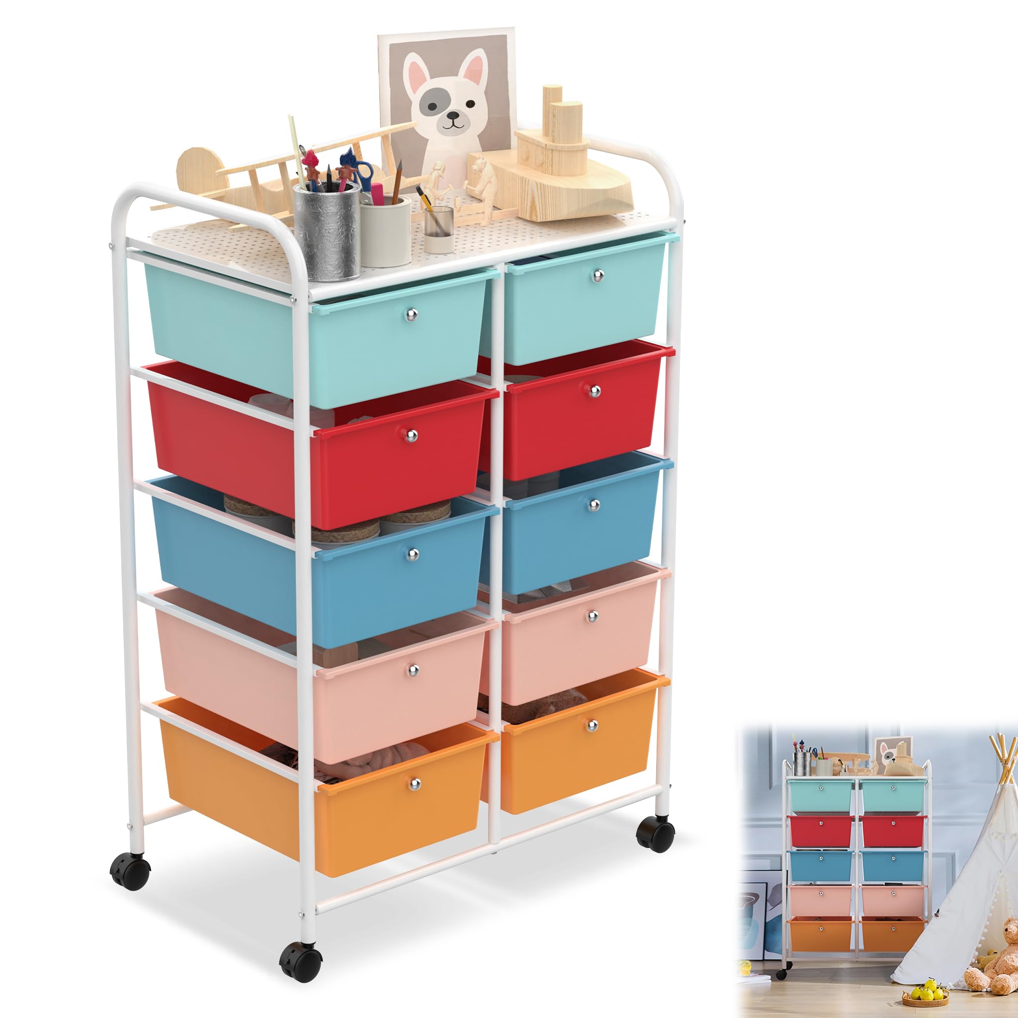 YRHome Chariot de salle de bain avec 10 tiroirs empilables - Chariot de cuisine - Chariot de rangement avec freins et roulettes - Chariot de rangement pour cuisine, salle de bain, bureau - 96 x 39,5 x