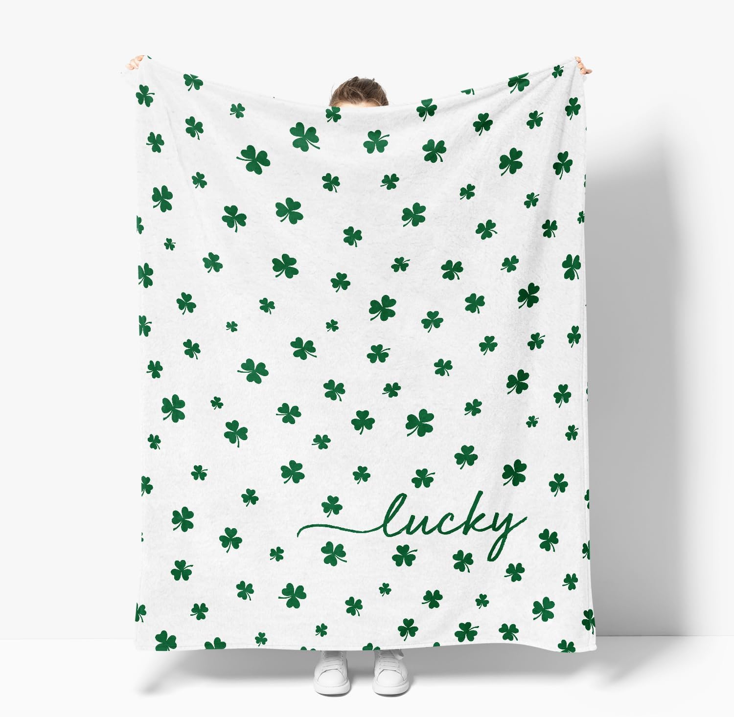 Horaldaily St. Patrick's Day Flannel Blanket Throw, Irish Clover Shamrock White Soft Fuzzy Plush Cozy Fleece Blankets for Couch Sofa Bed Lounging, Ideal Gifts for Kids Adults Self, 50x60