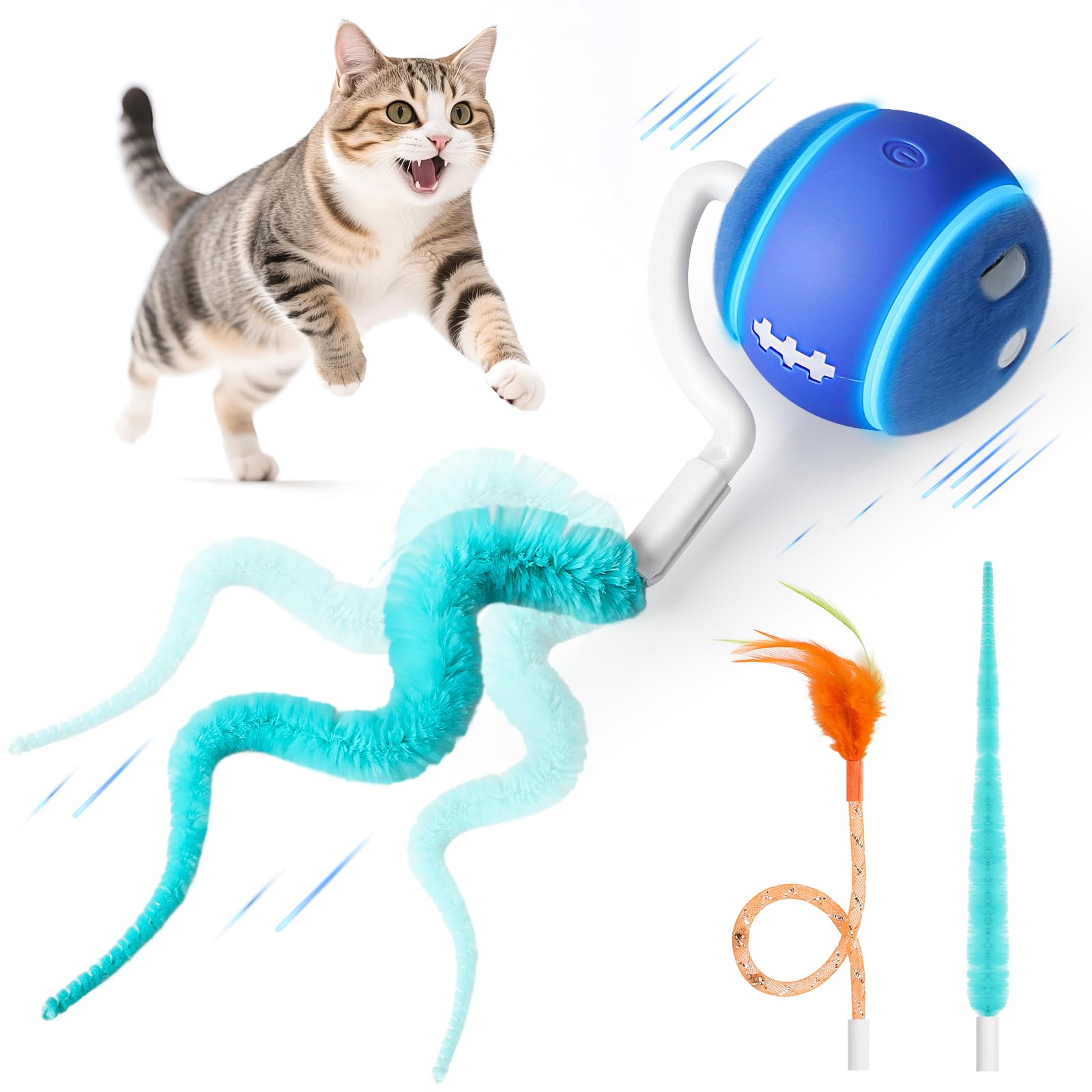 Automatisches interaktives Katzenspielzeug für Indoor-Katzen, sicher für Teppiche mit verhedderungsfreiem Schwanz, 3 Touch-Aktivierungsmodi, 800-mAh-Akku mit hoher Kapazität, 6 Stück