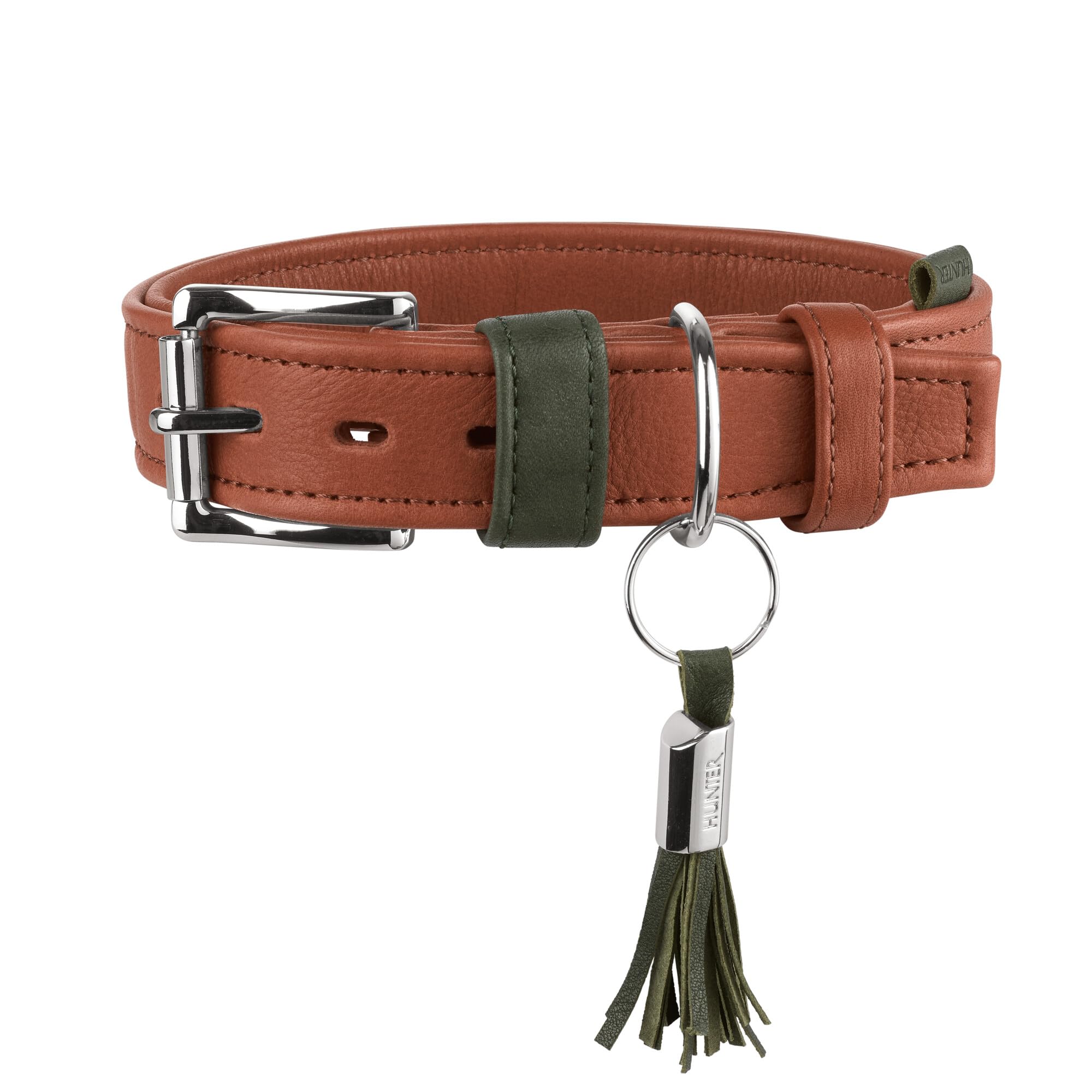 HUNTER Hundehalsband Portofino aus Premiumleder, extra weich gepolstert & fellschonend, mit umgeschlagenen Kanten, edle Haptik, Made in Germany, Farbe: Cognac/Oliv, Größe: 40