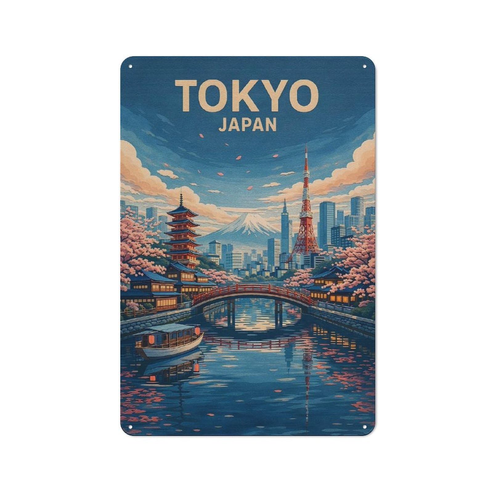Retro Retro Metal Sign 30x20cm Featuring Tokyo Cityscape with Mount Fuji And Cherry Blossoms, Garage Wall Decor for Garage, Hobby Room, Office Or Man Cave