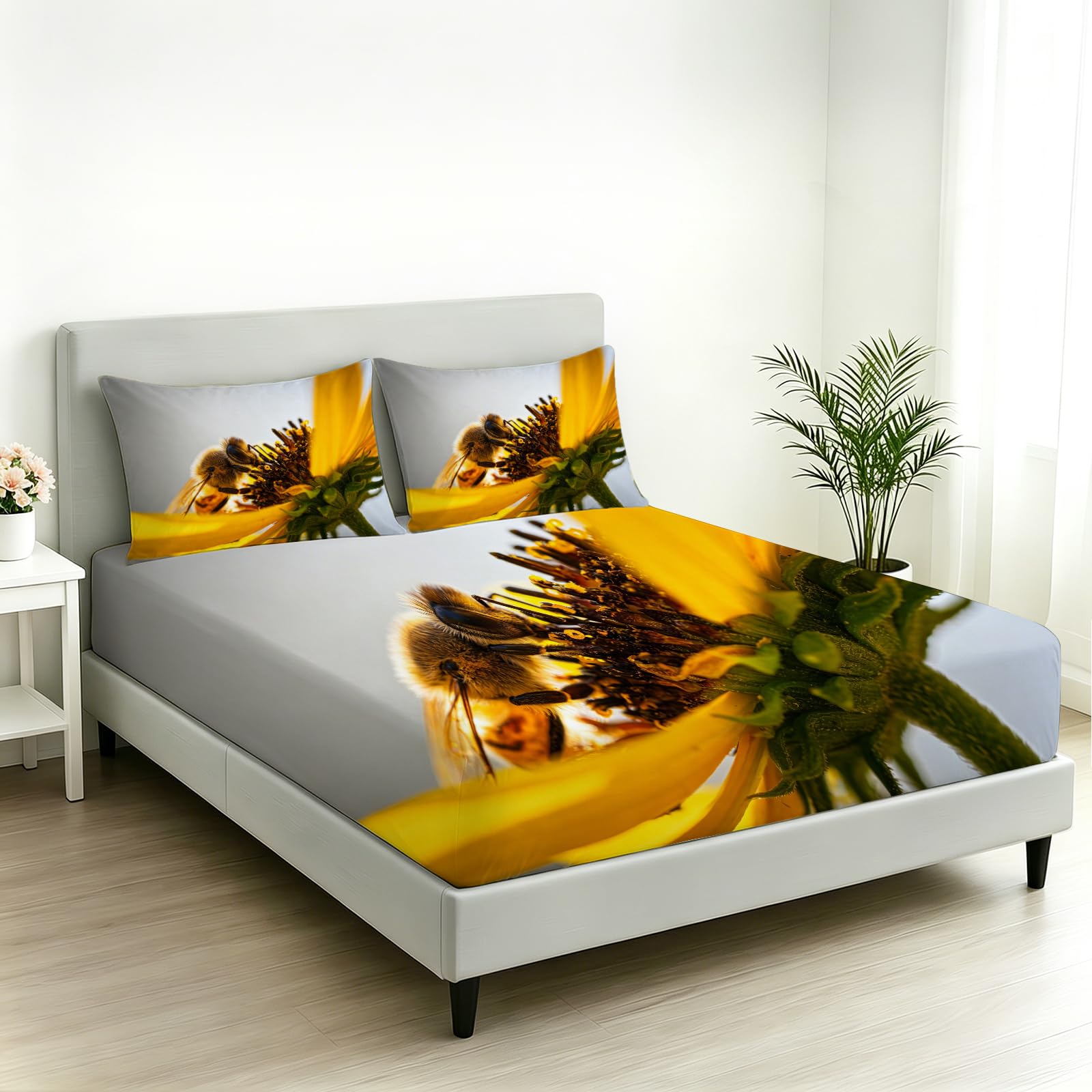 Sábana Bajera Ajustable 180 x 200 Flores de Abeja Tema Naturaleza