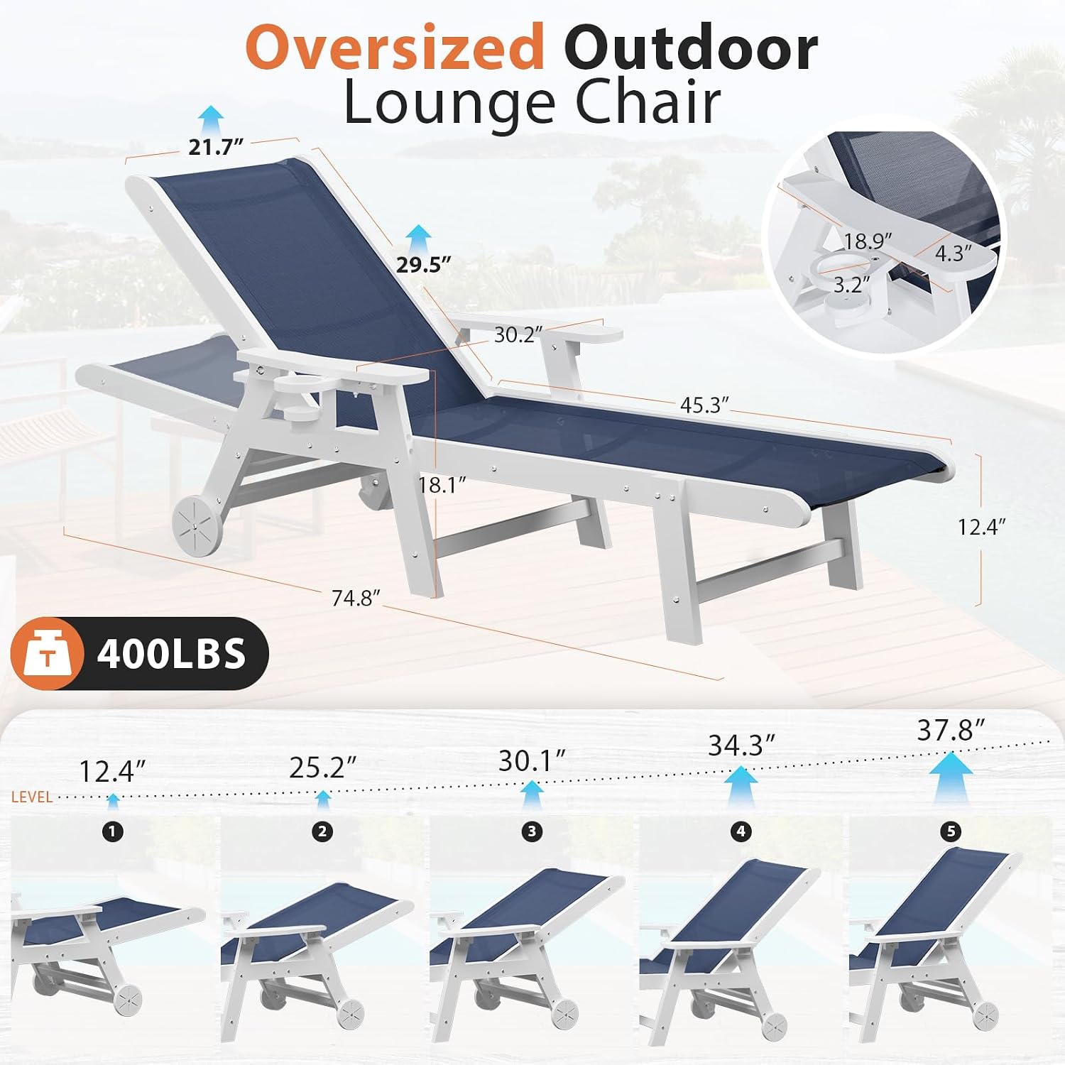 Outdoor Chaise Lounge Chair Set of 2, 5-Position Adjustable Pool Lounge Chair with Wheels & Cup Holder, HDPE Patio Lounge Chair with Textilene Surface for Outside, Poolside & Beach (Navy Blue)