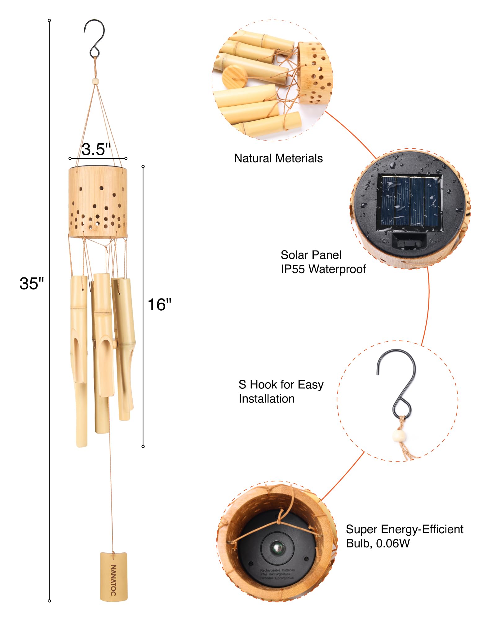 Bambus-Windspiel für den Außenbereich, mit Solar-Akzentlicht, Holz-Windspiel, 6 Bambusröhren, tiefer Ton, perfekt für Terrasse, Garten, Veranda und Balkon