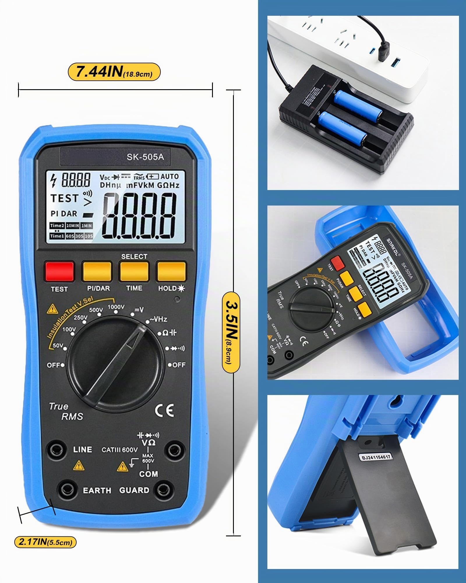 2 in 1 Megohmmeter & Multimeter Digital, Isolationswiderstandsmessgerät, 20GΩ/1000V Auto-Range, Data Hold, AC/DC Spannungsprüfer, Kapazitätsmessung für elektrische Hausprüfungen SK-505A GOLDCHAMP