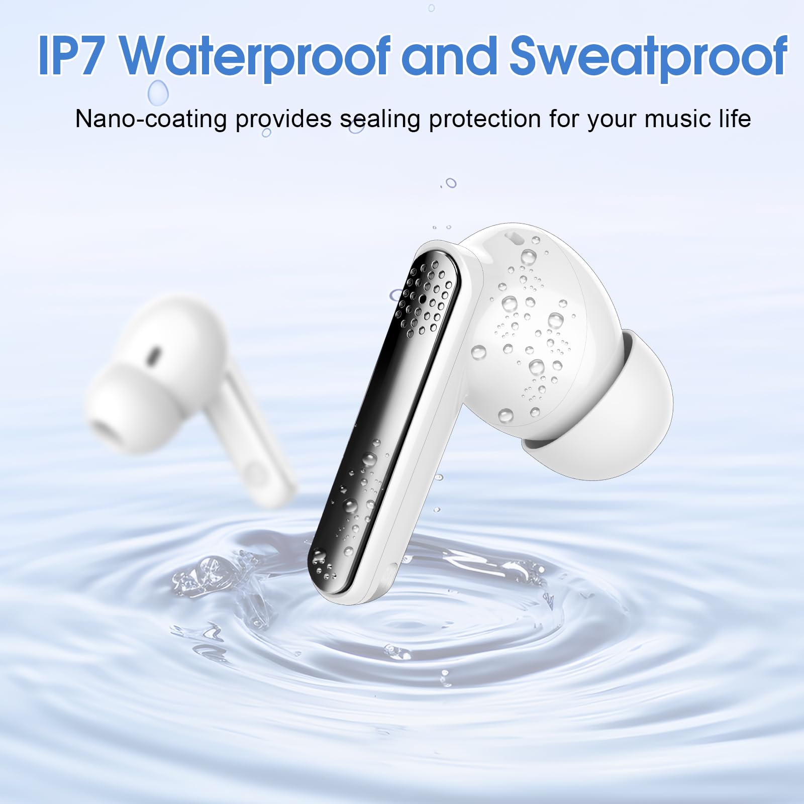 Écouteurs Bluetooth sans Fil 5.3 avec ENC Réduction Bruit, 48H Basses Immersives, IP7 Etanche, Écran LED Blanc