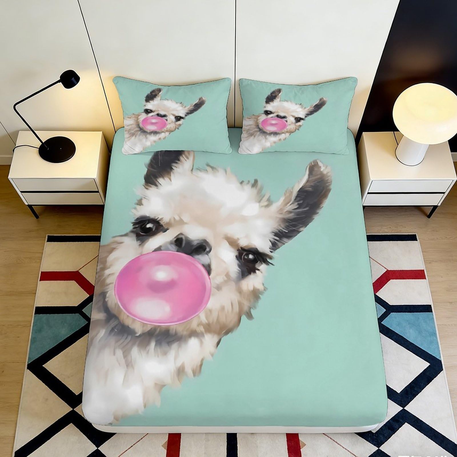 3D Printed Bubblegum Alpaca Fitted Sheet Microfiber Soft Breathable Cartoon Animal Bed Cover for Bedroom Dorm Decor 90x200x25cm