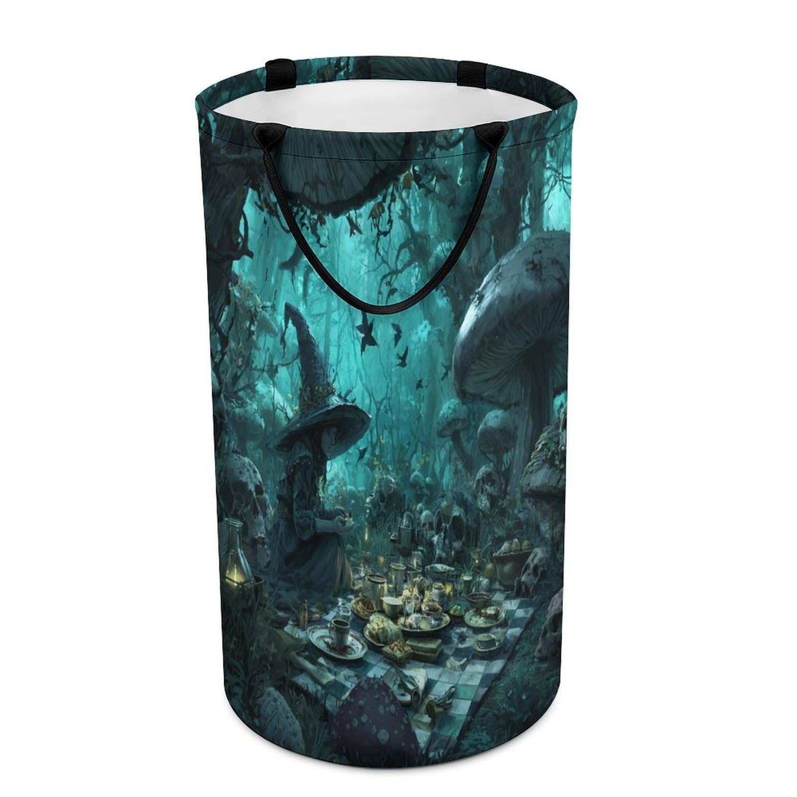 LUYYSKY Modern Aesthetic Gothic Witch Versatile Storage Laundry Basket, Vintage Rustic Spooky Forest Plant Mushroom Skull Skeleton Large Bathroom Laundry Hamper With Handle-40 CM Dia, 69 CM High
