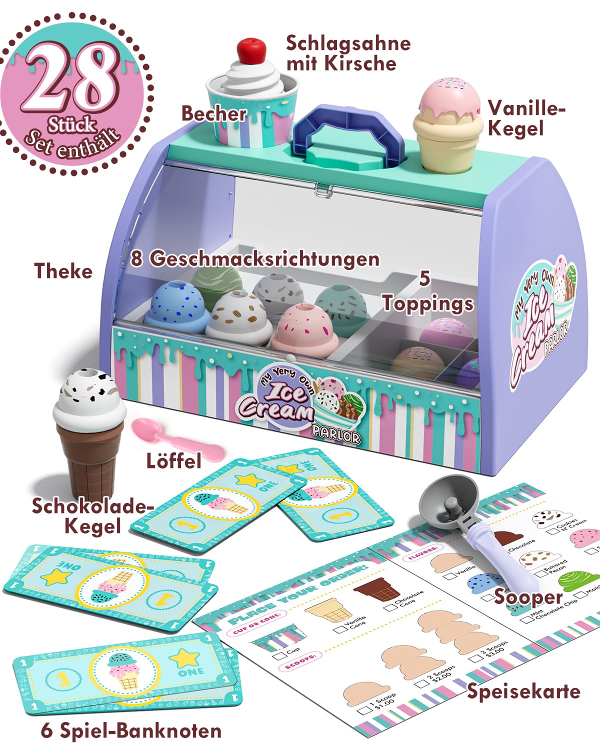 Lehoo Castle Eisdiele Kinder, Spielzeug ab 3 Jahre, Kaufladen Zubehör, Kaufmannsladen Zubehör, Eisladen, Kinderküche Zubehör, Mädchen Geschenke 3 Jahre (Lila)