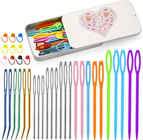 FTEVEN 36 agujas romas de ojo grande, agujas de plástico de ojo grande, agujas de hilo, agujas de tapiz dobladas de ojo grande con marcadores de