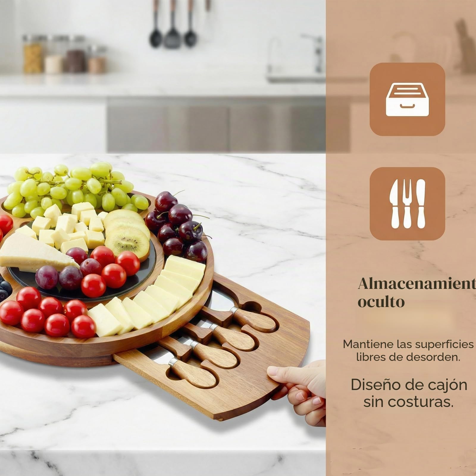 RAXCO Juego de regalo de tabla de queso de madera de acacia con placa de pizarra, tabla redonda de embutidos de 32 cm con cajón oculto y 4 cuchillos de queso especializados