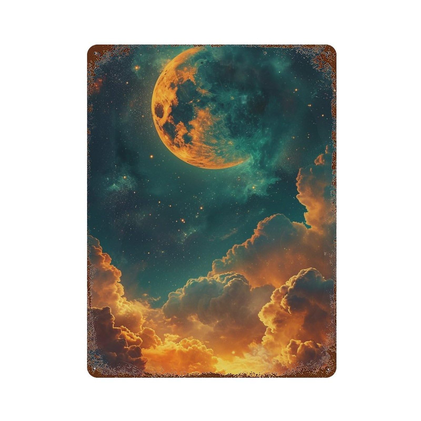 Decorative Tin Sign with Golden Moonlit Sky Design 15.7"x11.8", for Basement, Hobby Room And Garage Decor, Rustic Home Decor
