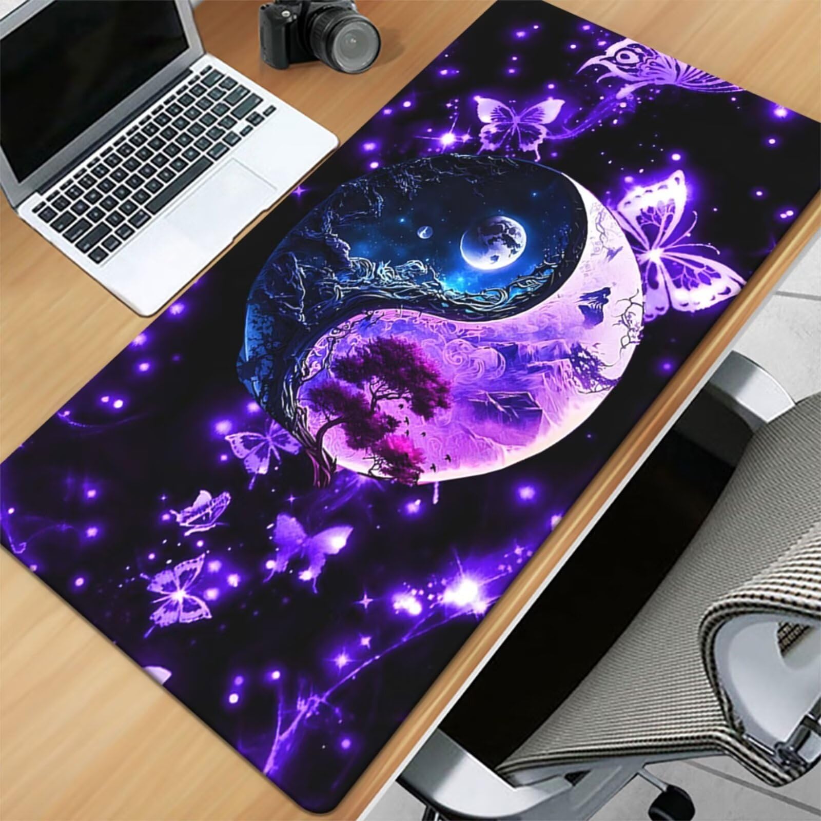 Alfombrilla de Ratón Gaming XXL 1000x500x3mm - Yin Yang Púrpura - Alfombrilla Escritorio Grande con Base Antideslizante y Bordes Cosidos para PC, Oficina