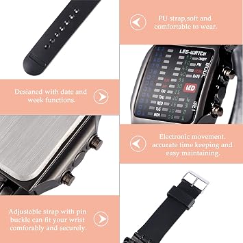 Binary LED Display Wristwatch, Square Electronic Calendar Adjustable Waterproof Watch for Male Female Sports, PU Strap.