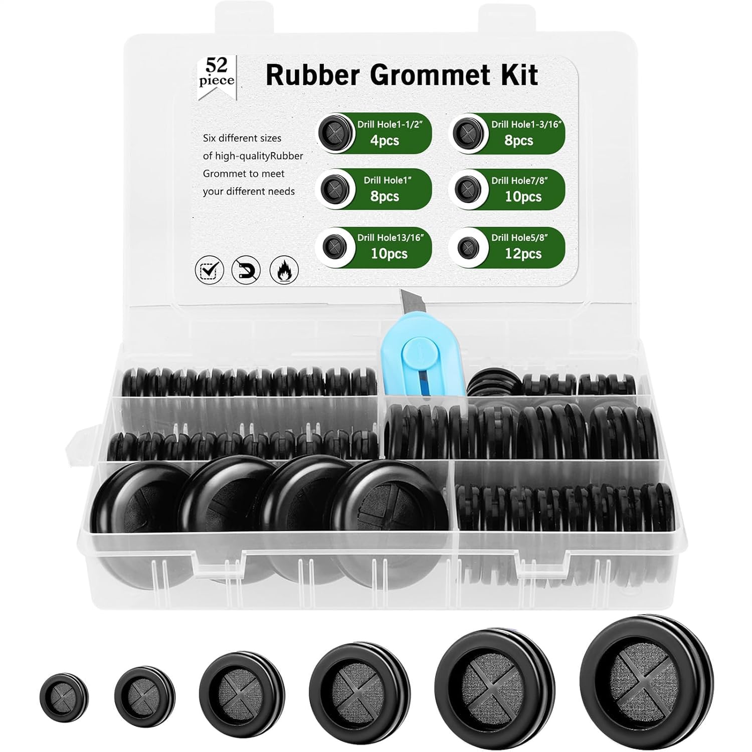 52Pcs Rubber Grommets Automotive Double Sided Rubber Grommet Kit with Slit 6 Sizes Wire Grommets Waterproof Firewall Grommet Seal Rubber Plugs for