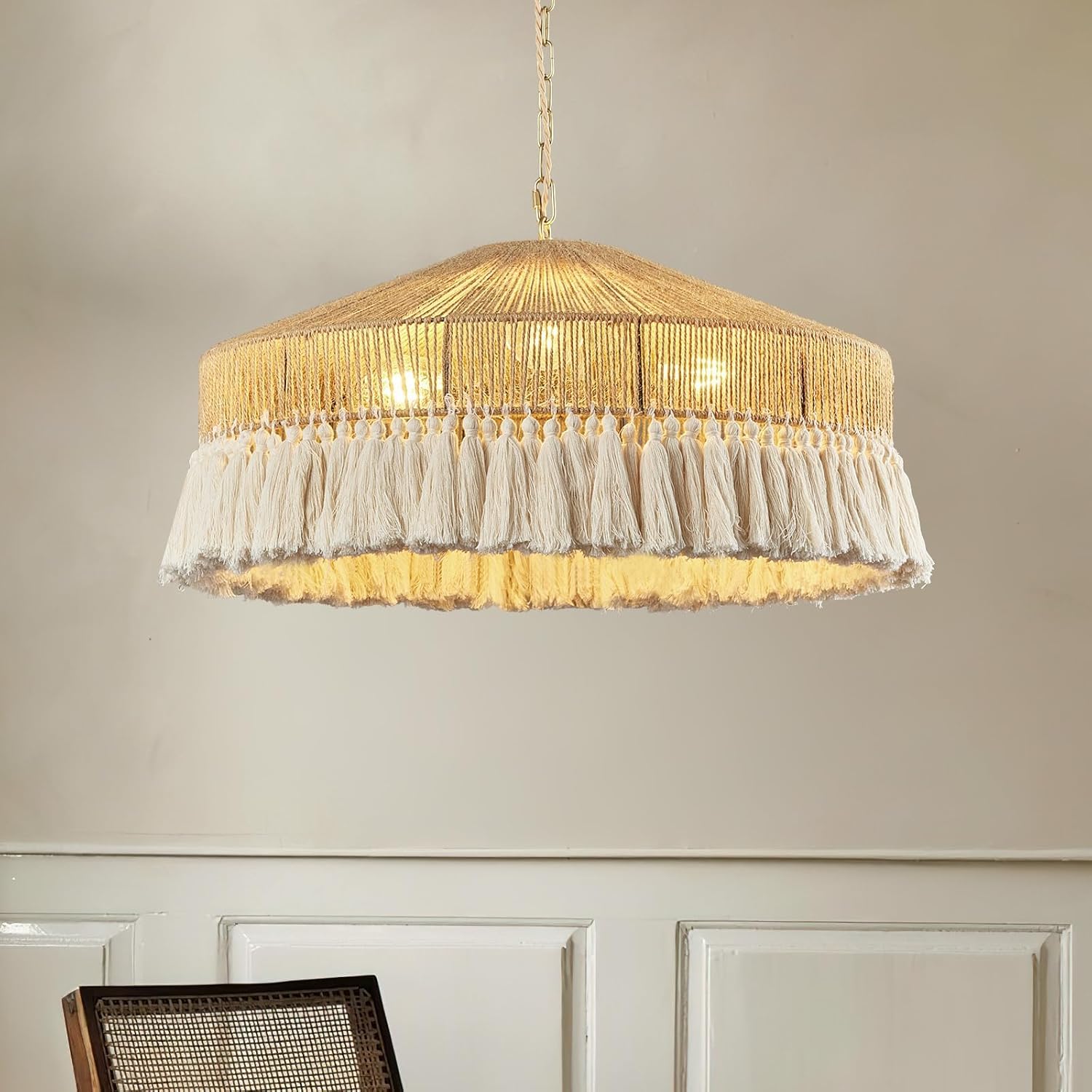 Boho Pendant Light Fixture Bamboo Hanging Light Rattan Pendant Light Woven Wicker Shade Rattan Chandelier for Dining Living Bedroom Kitchen Farmhouse (Bulb not include) (Round Raffia Lamp)