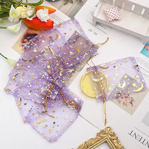 Vista 3 de SUMAJU 100 bolsas de organza de estrella lunar, 2.7 x 3.5 pulgadas, bolsa de organza púrpura transparente, pequeñas bolsas de regalo con cordón