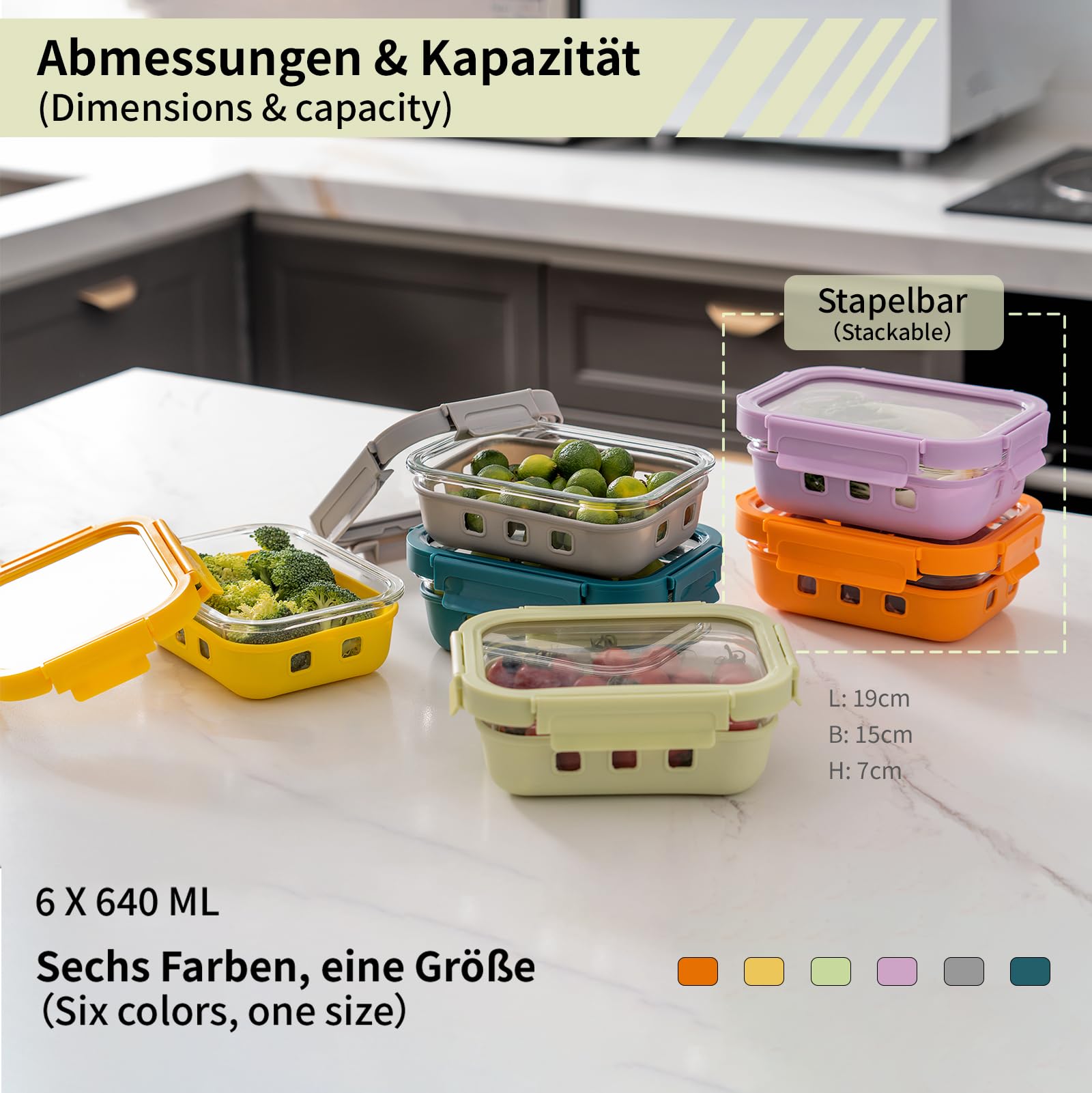 QuaLife Glas Lunchbox Set 6 x 640 ml mit Silikon-Schutzmantel & Glasdeckel, Auslaufsicher, Meal Prep Behälter aus Borosilikatglas, Stapelbar, Mikrowellen-, Ofen- & Spülmaschinengeeignet, BPA-frei