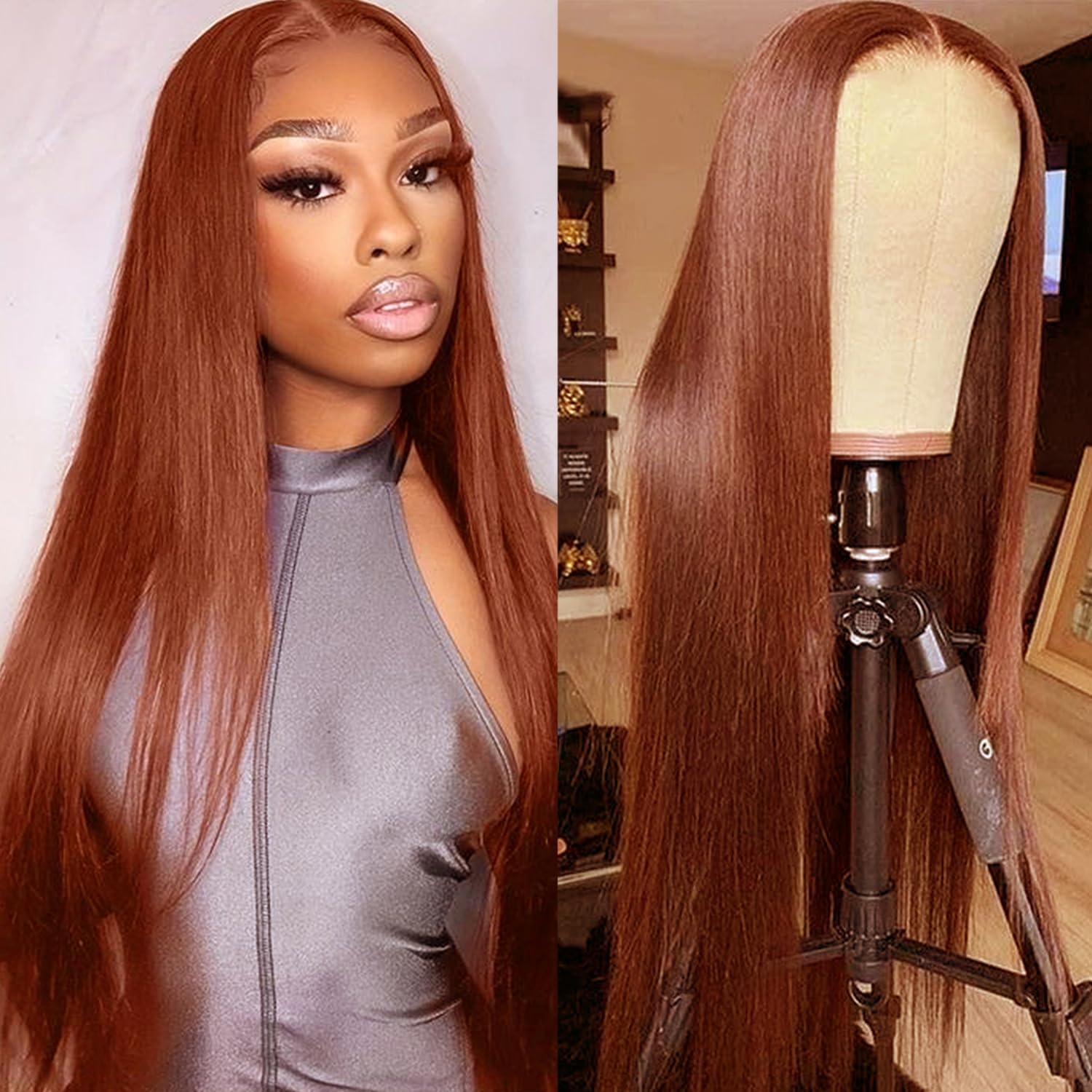 Lezaxiu 30 Inch Reddish Orange Lace Front Wigs Pre Plucked Long Straight Hair Wig Glueless Auburn Brown Wigs Heat Resistant Synthetic Lace Front Wigs