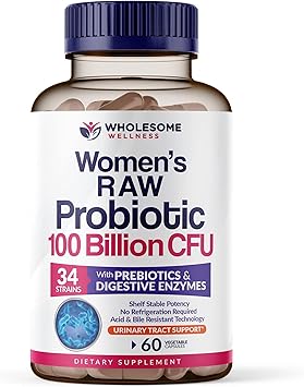 Wholesome Wellness Dr. Formulated Raw Probiotics for Women 100 Billion CFUs Capsules with Prebiotics, Digestive Enzymes, Approved for Adults, Shelf Stable Supplement