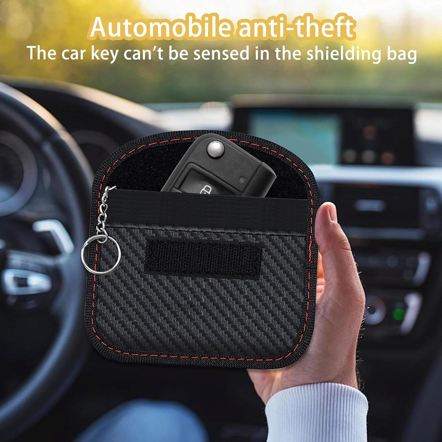 Keyless Go Schutz, 2 Stück Kohlefaser Leder Faraday Bag RFID Blocker Autoschlüssel Hülle Schlüsseletui Schlüsseltasche Klein Strahlenschutz Tasche mit Haken und Schlüsselring