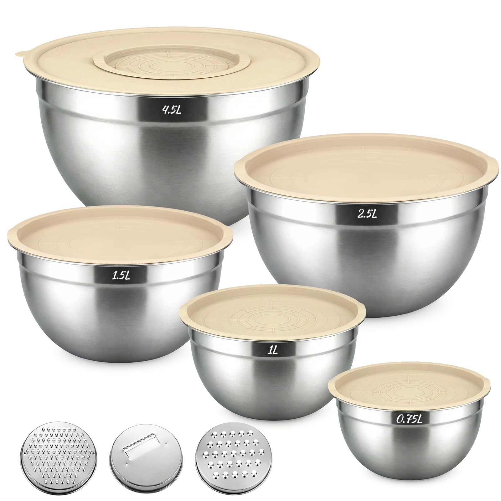 Set di 5 ciotole in acciaio inox con coperchi e 3 griglie per insalatiera impilabile con 0,7/1/1,5/2,6/4,6 l, ideali per cuocere/preparare/servire/conservare alimenti, lavabili in lavastoviglie