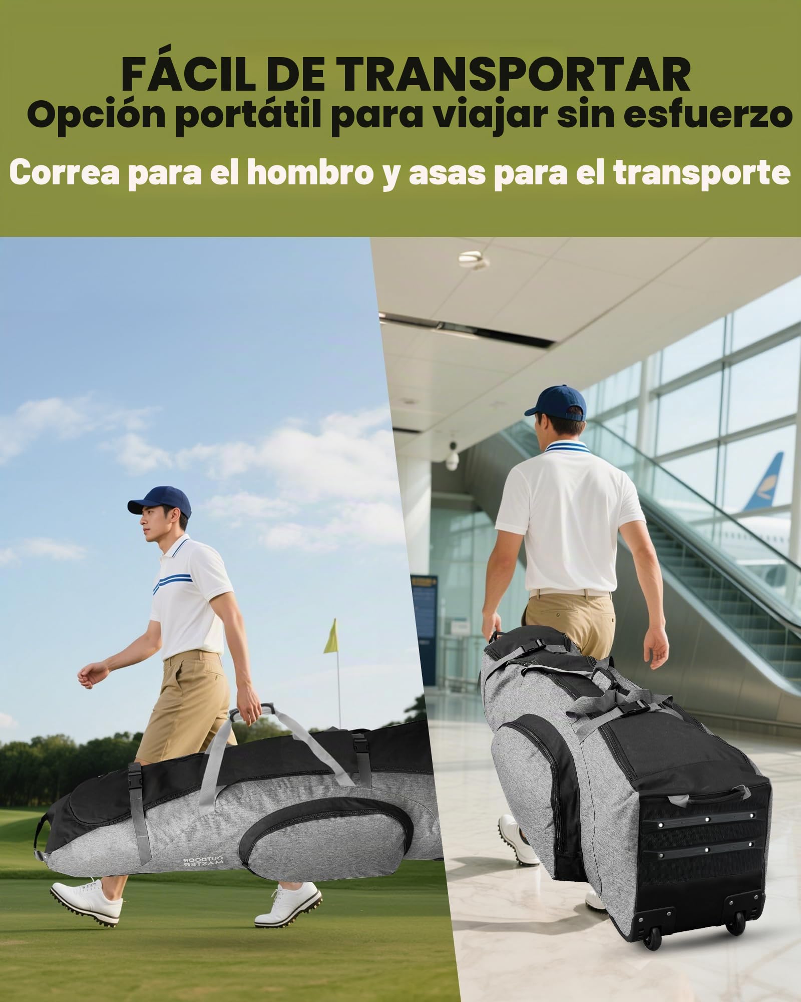 OutdoorMaster Bolsa de Viaje Acolchada de Golf con Ruedas reforzadas, 900D Oxford Resistente al Desgaste e Impermeable, Bolsa de Viaje de Golf de Lado Suave, Compartimento para Zapatos y Accesorios