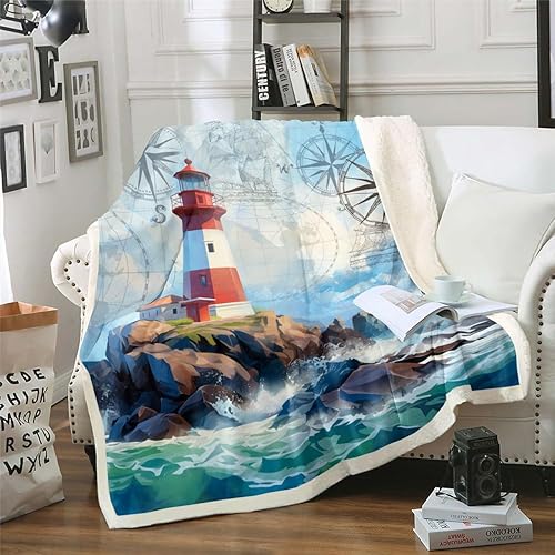 Manta de olas oceánicas para cama, silla, retro, brújula, velero, manta náutica para decoración de dormitorio de niños, manta de vellón marino con