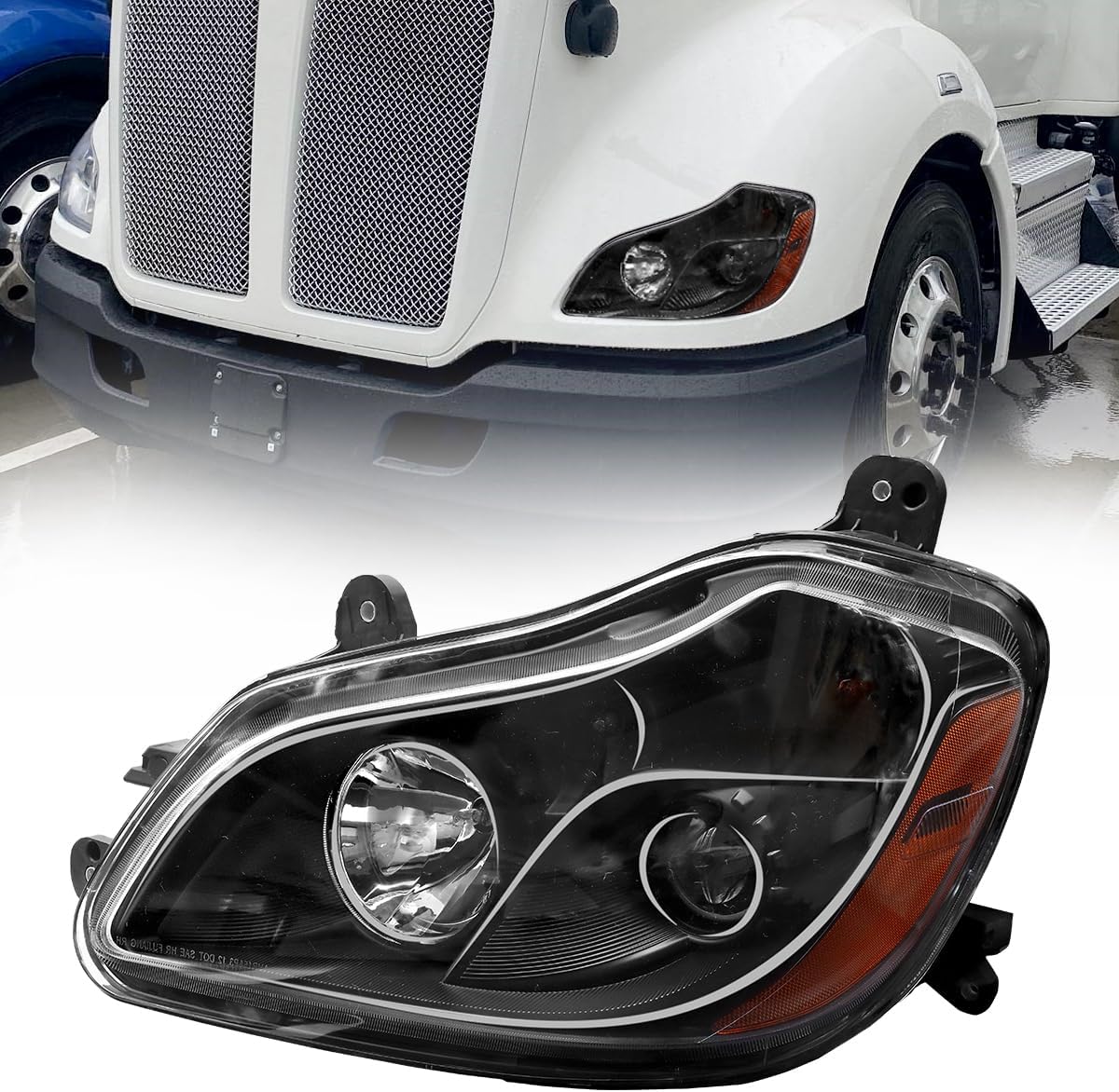 Black Headlight Fit for Kenworth T680 2013-2021, Pair Headlamp Headlights Black House Right Passenger Side (Right/passenger side)