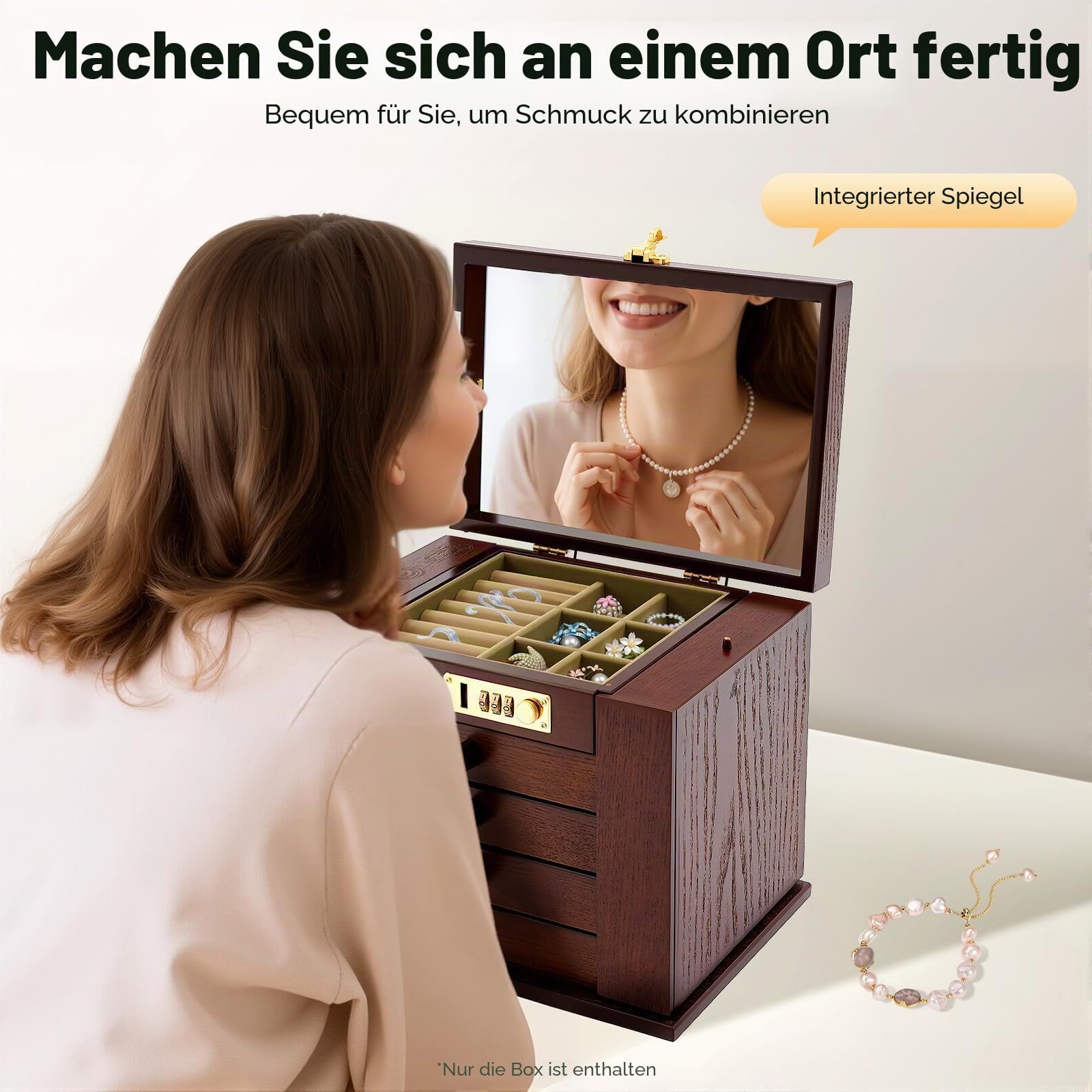 Schmuckkasten aus Holz, Vintage Schnitzerei Schmuckschatullen mit Spiegel und Passwortsperre, 5 Ebenen 4 Schubladen Schmuckkoffer für Armbänder Halskette Ringe