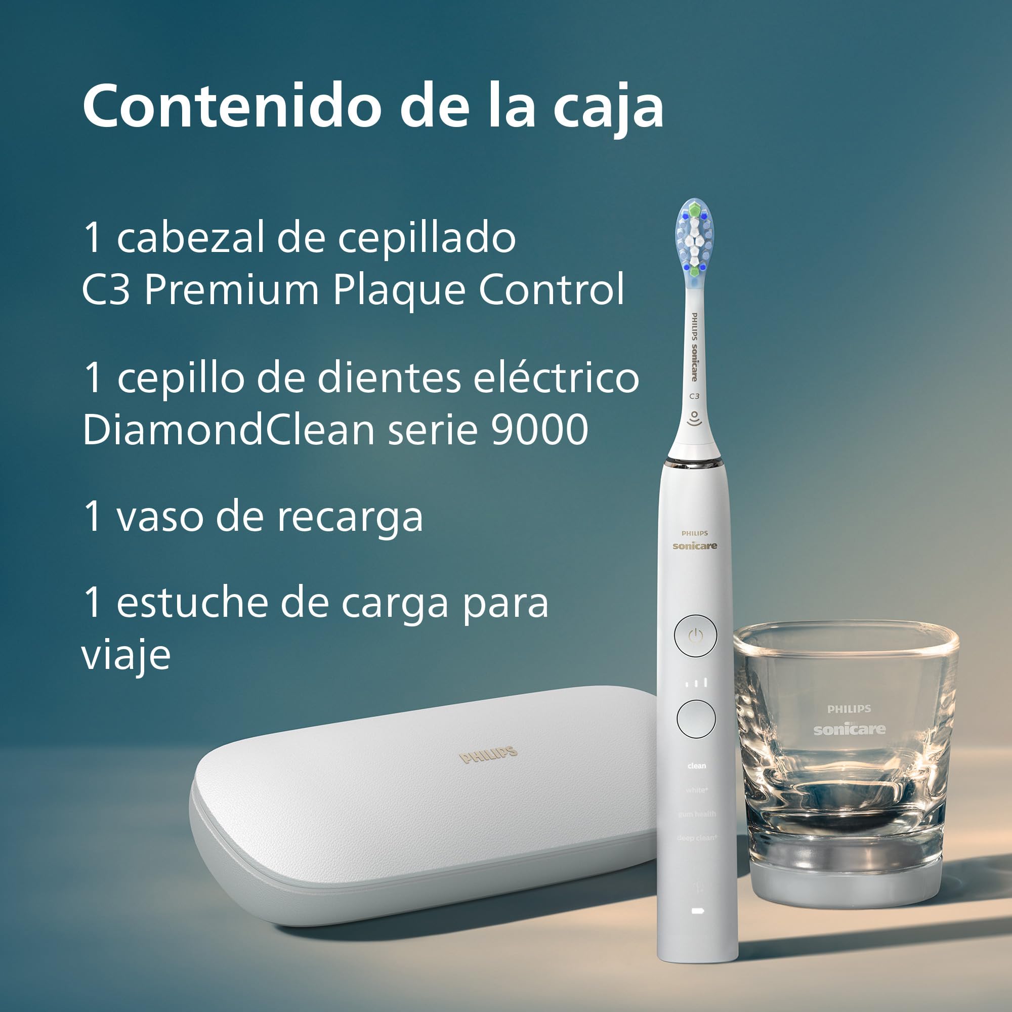Philips Sonicare DiamondClean 9000 Cepillo Eléctrico, 4 Modos, 3 Intensidades, Estuche de Viaje USB, Blanco