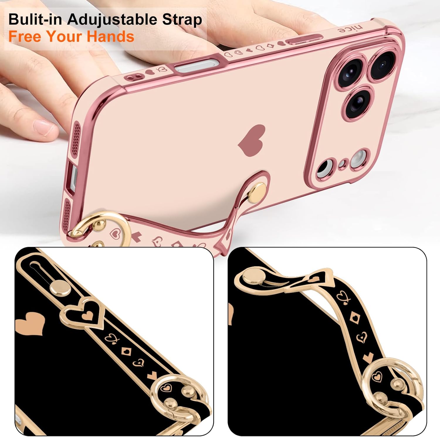 Compatible with iPhone 17 Pro Case with Strap for Women Girls [2× Screen Protectors], Cute Love-Hearts Design, Wristband Kickstand Plating Edge Protective Phone Case (6.3") - Pink - Image 6