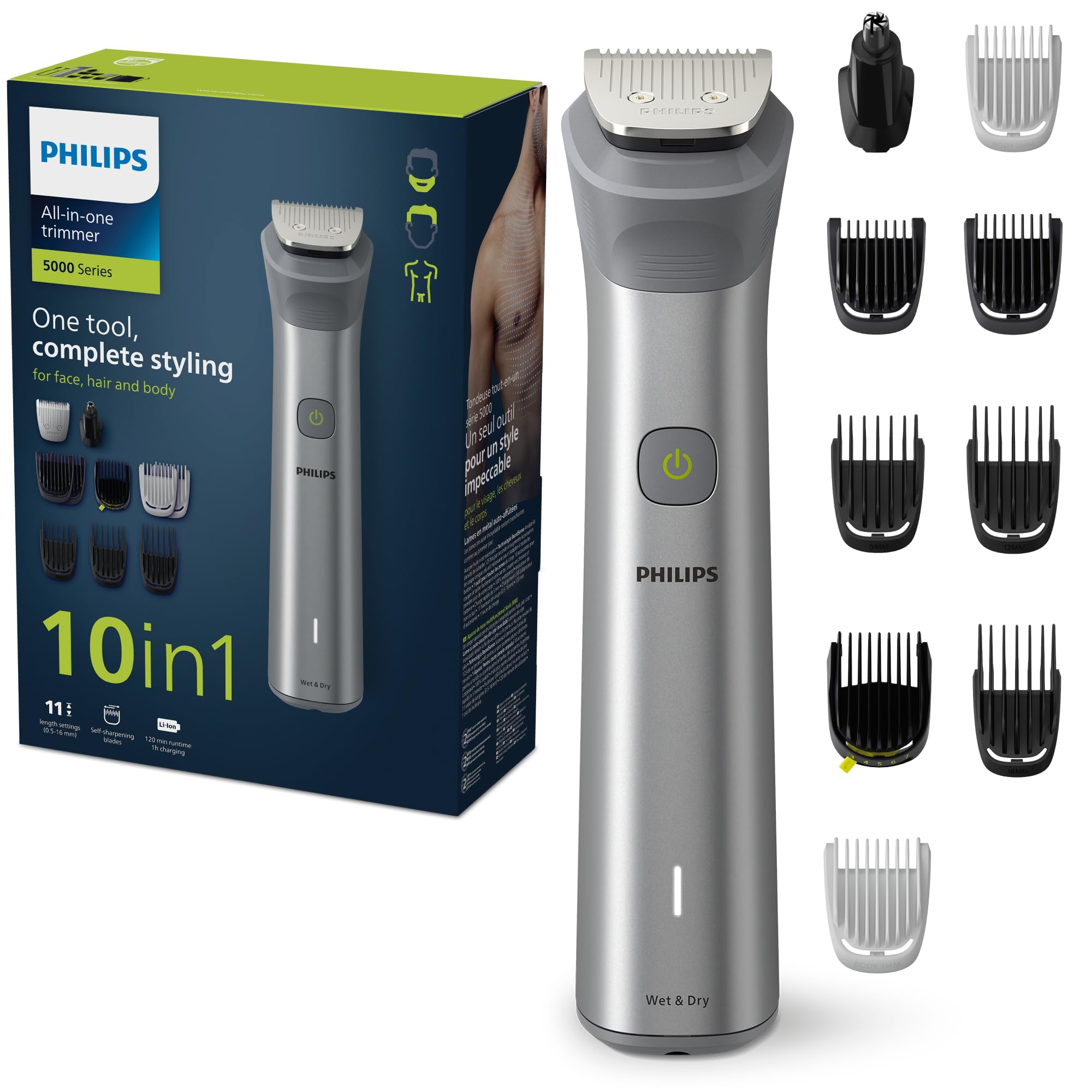PhilipsMultigroom 5000 Series, All-in-One Shaver, Beard Trimmer and Hair Clipper, 10-Piece Men's Grooming Kit for Head, Beard, Face, Body, Nose, and Ears, 11 Length Settings, Model MG5917/15