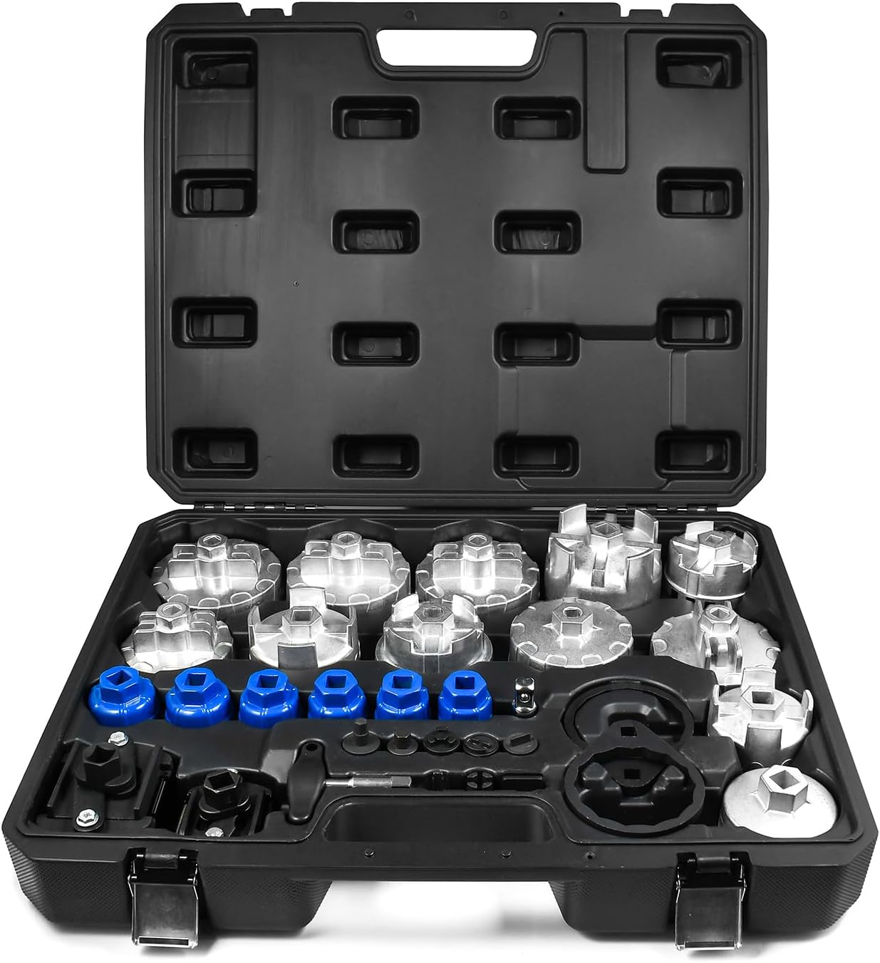 SMOTIVEPRO Professional Oil Filter Wrench Set 32-Piece, with Oil Filter Cap Removal Tool (63.5-100mm), Socket (24-38mm), Adjustable Wrench, Drain Plug Removal Tools and T-Handle (1/2" & 3/8" Drive)